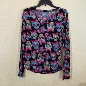 NOBO Top Blouse L Jr 11-13 Skulls Pink Blue Black